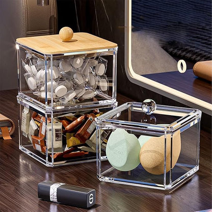 2pcs Acrylic Qtip Holder Dispenser with Lids, Clear Square Bathroom Canisters Plastic Storage Container