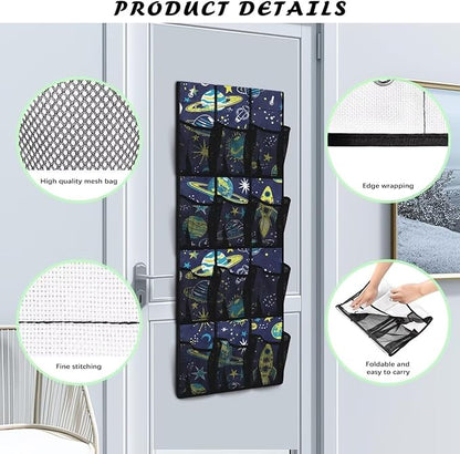 Space Planet Over Door Organizer for Kids, 12 Pockets Astronaut Theme Shoe Rack, Durable Oxford Fabric Storage Bag for Bedroom, Playroom & Science Decor