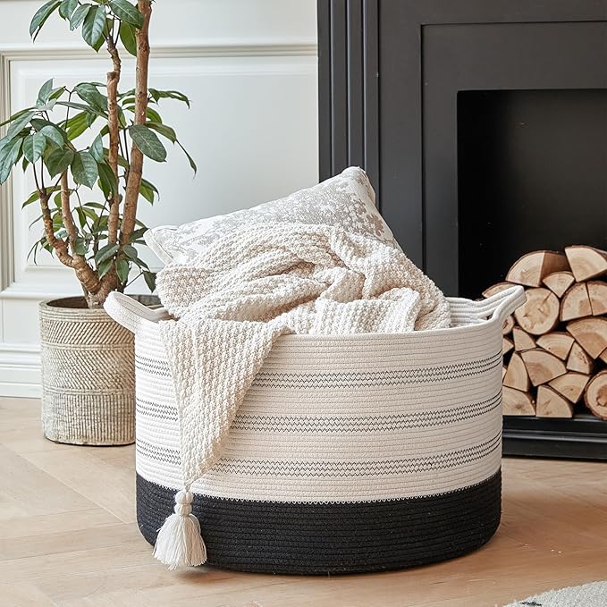 R RUNKA XXXLarge Cotton Rope Basket 22" X 22"X 14" Blanket Basket for Living Room Woven Basket Soft Baby Laundry Blanket Basket Nursery Bin Toy Basket with Handle White+Black