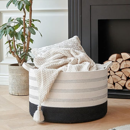 R RUNKA XXXLarge Cotton Rope Basket 22" X 22"X 14" Blanket Basket for Living Room Woven Basket Soft Baby Laundry Blanket Basket Nursery Bin Toy Basket with Handle White+Black