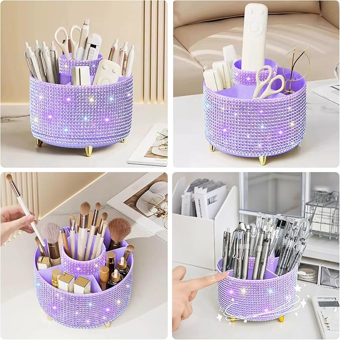 Diesisa Bling Makeup Organizer: 360°Rotating Bling Rhinestone Cosmetic Display Cases -Diamond Makeup Brush Holder - 5 Slot Cup for Cosmetics - Bling Lipstick Organizer - Gift for Women -Diamond Purple