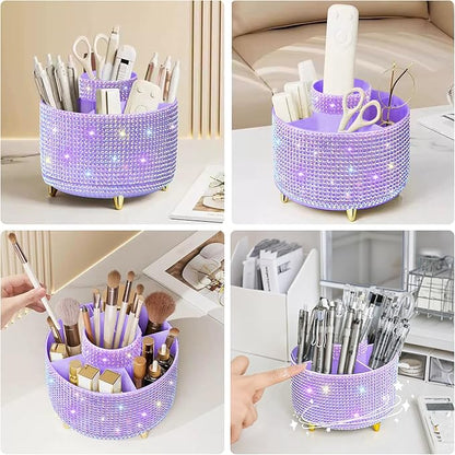 Diesisa Bling Makeup Organizer: 360°Rotating Bling Rhinestone Cosmetic Display Cases -Diamond Makeup Brush Holder - 5 Slot Cup for Cosmetics - Bling Lipstick Organizer - Gift for Women -Diamond Purple