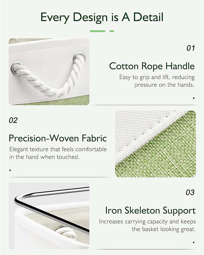 Patvingot 11 Inch Cube Storage Bins, 6 Pack Fabric Storage Cubes with Rope Handles, Organizer Baskets for Closet Shelves, Clothes and Home Organization(White/Green)