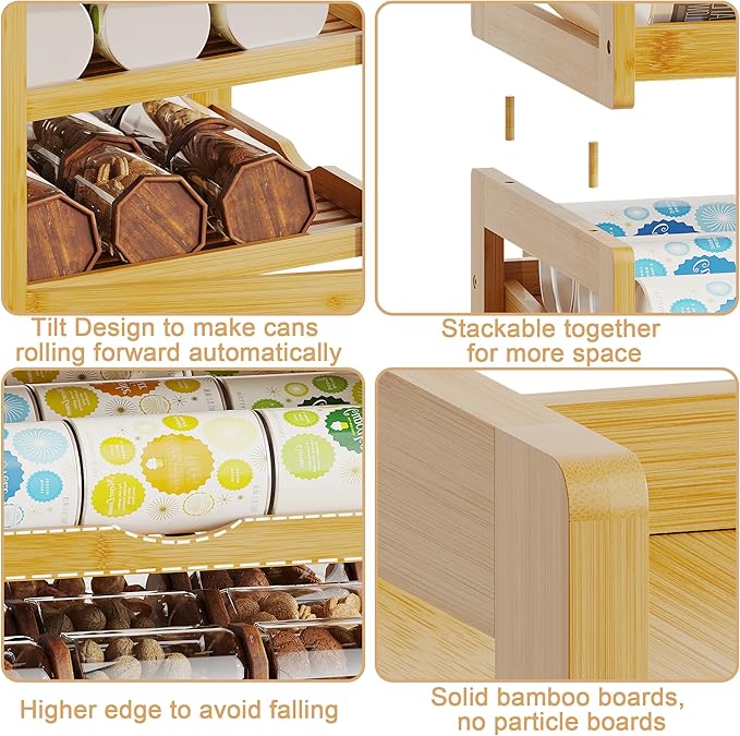 BAMBANG Can Organizer for Pantry, Detachable Bamboo 4 Tier Stackable Can Storage Rack, Rolling Soda Can Dispenser Can Holders for Cabinet, Holds Up to 48 Cans