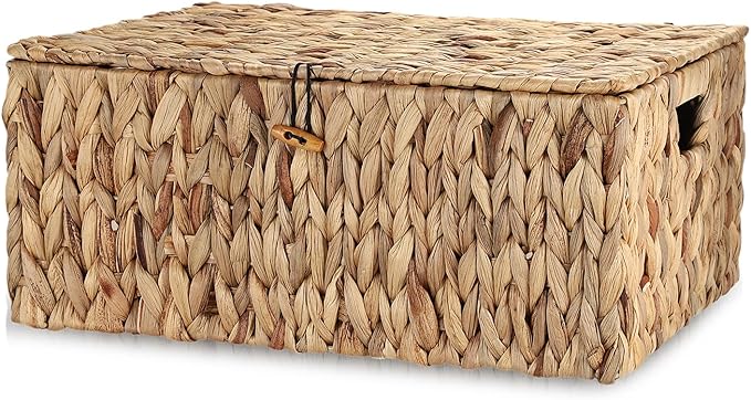 Hipiwe Handwoven Wicker Basket Natural Water Hyacinth Storage Bin with Lid Decorative Shelf Basket with Handles for Closet Living Room Bathroom, 17.0" L x 13.2" W x 7.0" H
