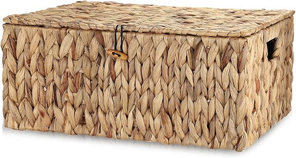 Hipiwe Handwoven Wicker Basket Natural Water Hyacinth Storage Bin with Lid Decorative Shelf Basket with Handles for Closet Living Room Bathroom, 17.0" L x 13.2" W x 7.0" H
