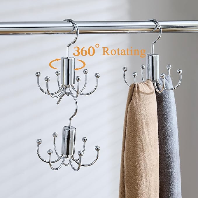 Belt Hanger Duo, 2-Pack - Closet Organizer with Rotatable Design for Easy Selection, Versatile Rack for Belts, Ties, Scarves - Silver