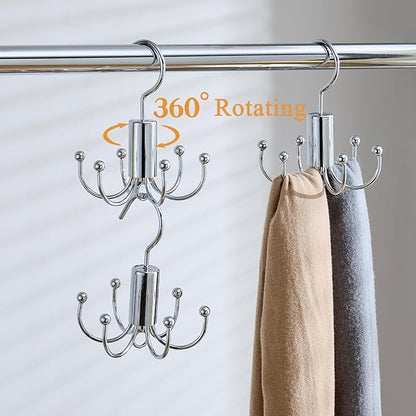 Belt Hanger Duo, 2-Pack - Closet Organizer with Rotatable Design for Easy Selection, Versatile Rack for Belts, Ties, Scarves - Silver