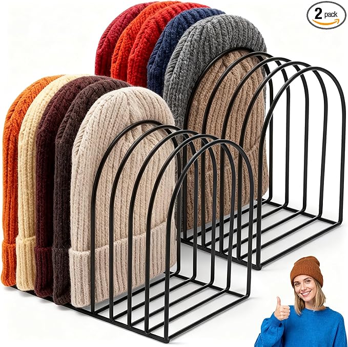 2 Pcs Beanie Holder Organizer, 20 Haats Heavy Duty Knitted Hat Storage Rack Metal Display Stand Foldable Cap Holder for Winter Swimming Hat Display Home Entryway Tabletop Bedroom Closet Dresser Room