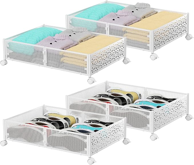 PHINOX Under Bed Storage, Under the Bed Storage Containers with Wheels, Under Bed Shoe Storage Organizer Drawer for Bedroom Clothes Shoes Blankets -4Pack