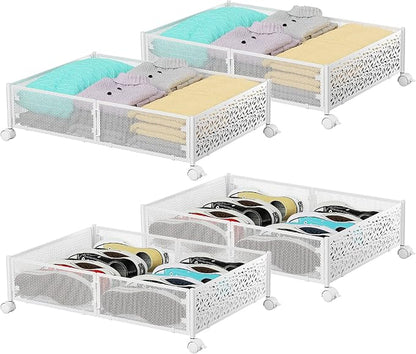 PHINOX Under Bed Storage, Under the Bed Storage Containers with Wheels, Under Bed Shoe Storage Organizer Drawer for Bedroom Clothes Shoes Blankets -4Pack