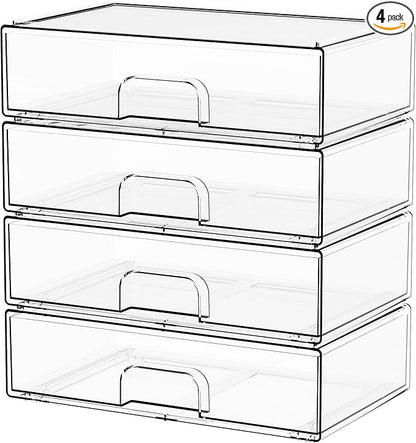 Yieach 12.1''W Clear Stackable Storage Drawers,4Pcs Acrylic Drawer Organizer for Hair Accessories,Makeup Organizers,Plastic Office Supply Organizer for Pen,Pencil,Medicine,Accessory,Craft Organization