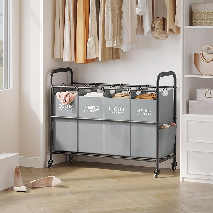 Tajsoon 4 Bag Laundry Sorter Cart, 4 Section Laundry Hamper Sorter with Heavy Duty Lockable Rolling Wheels, Laundry Separator Hamper with Removable Bags for Dirty Clothes Storage, Grey