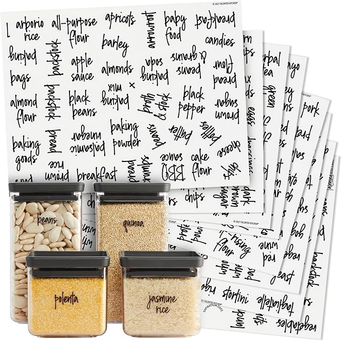 Talented Kitchen Pantry Labels for Containers - 375 PC Clear Vinyl Black Script - Peel & Stick Food Container Labels & Kitchen Pantry Organization Stickers