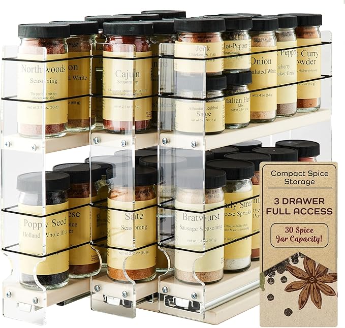 Vertical Spice Cabinet Mounted Spice Rack Organizer - 3 Drawers,30 Reg or 60 Half Sized Spice Jars - Pantry Organizers & Storage -Pullout Shelf for Kitchen Cupboard (6.9''W x 10.75''H x 10.6"D, Cream)