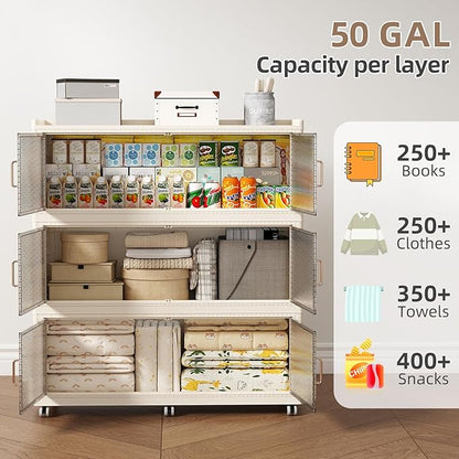 SAILUN 240Gal Extra Large Stackable Storage Bins with a Lid, Collapsible Storage Bins With Doors and Wheels, Foldable Storage Cabinet for Garage Closet Organization, Beige, 3Pack 39.4" W