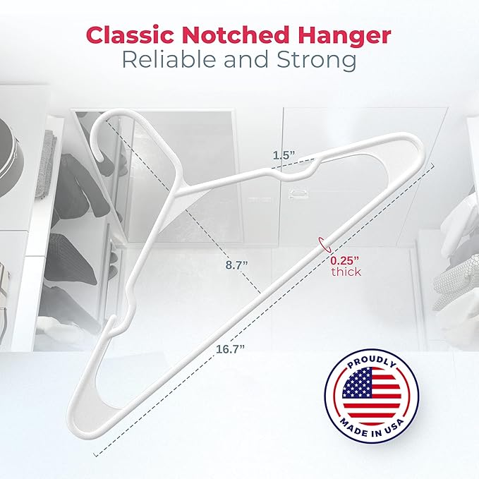 Plastic Hangers 100 Pack - Made in The USA - 6lb Capacity Standard Clothes Hangers with Notches and Reinforced Edges for Dresses, Lingerie, Shirts, Pants, and Jackets - Gray