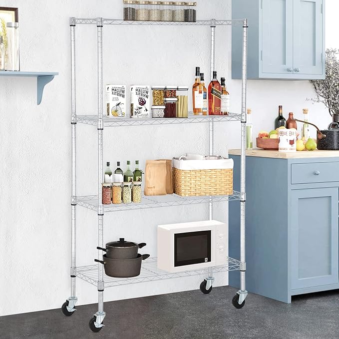 4 Tier Shelving Unit 62" H Adjustable Metal Shelves w/Wheels Heavy Duty Storage Shelf 1400Lb Capacity Garage Shelving Storage Wire Shelving for Kitchen, 36" L x 14" D x 62" H, Chrome