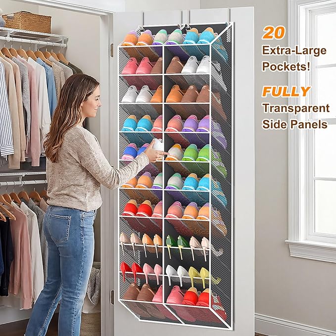 20-30 Pairs Over the Door Shoe Organizer, Breathable Mesh Pocket Hanging Shoe Storage for Closet, 10-Tier Door Shoes Rack, Handing Shoes Holder Fit All the Family's Sneakers, Boots, Heels, Dark Grey