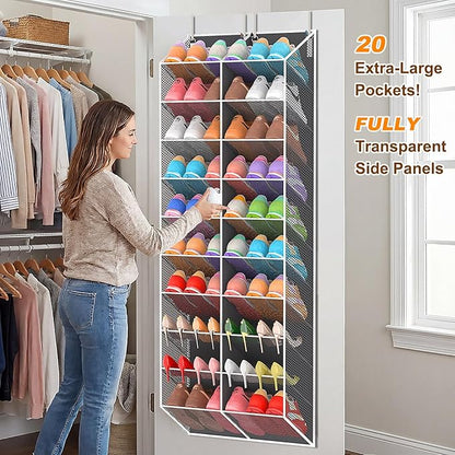 20-30 Pairs Over the Door Shoe Organizer, Breathable Mesh Pocket Hanging Shoe Storage for Closet, 10-Tier Door Shoes Rack, Handing Shoes Holder Fit All the Family's Sneakers, Boots, Heels, Dark Grey