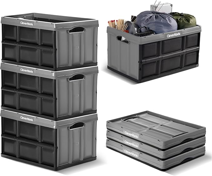CleverMade Collapsible Storage Bins 46L (3-Pack) – Heavy Duty Collapsible Plastic Storage Bins, Stackable Folding Storage Bins for Car, Garage, Home Organization - Foldable Bins, Ocean