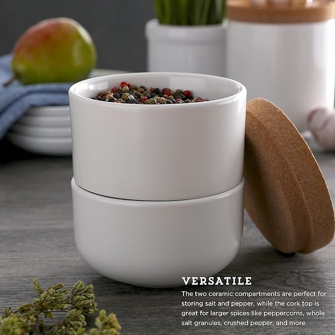 Kamenstein Cork and Ceramic 3 Piece Stackable Salt and Pepper Cellar For Countertop Space Saving; Pivoting Lid to Retain Freshness for Easy Open, 4 x 4 x 4.25 Inch, Natural Cork and White Ceramic