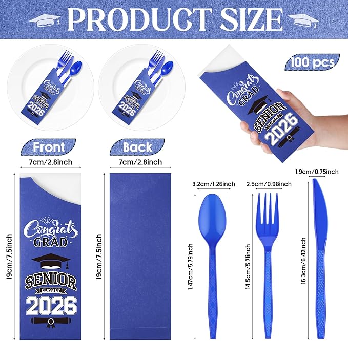 Funnymoom 400 Pcs 2026 Graduation Wrapped Silverware Bags Holder - Disposable Dinnerware Set Includes Plastic Spoons Knives and Forks, Class of 2026 Parties School Congrats Supplies(Dark Blue)
