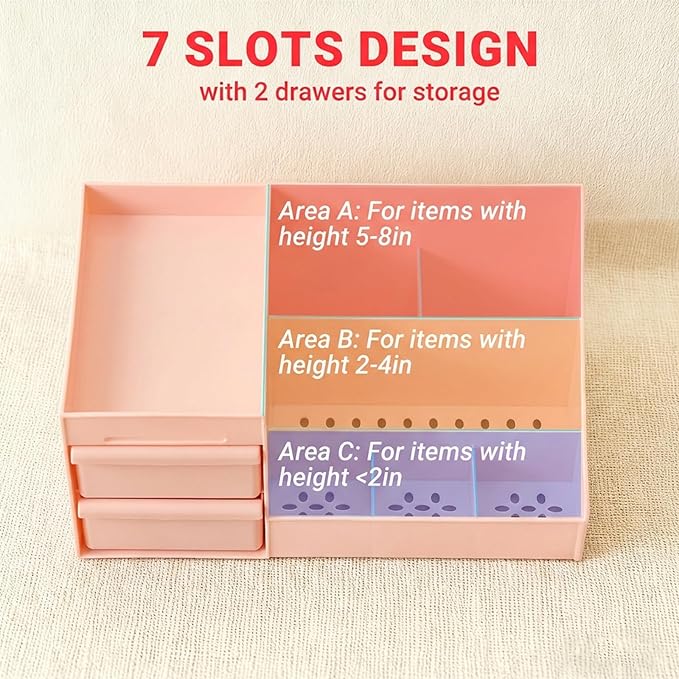 Makeup Organizer with Drawers, Cosmetic Organizer for Vanity Dresser Bathroom Countertop, Large CapacityOrganizer for Skincare, Lipstick, Palettes (Pink-1 Pack)