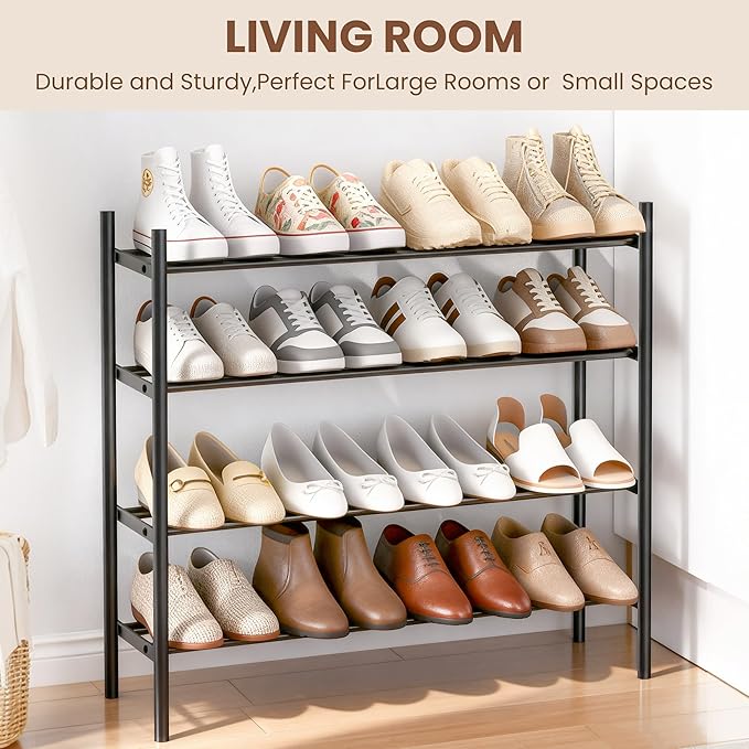 AceMining 4-Tier Expandable Shoe Rack, Adjustable Shoe Rack Shoe Organizer Shoe Shelf, Free Standing Shoe Racks Heavy Duty Metal for Closet Entryway Closet Doorway Front Door Entrance，Black