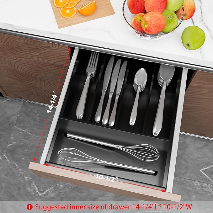 Silverware Drawer Organizer Cutlery Tray - Bamboo Black Small Kitchen Gadgets Holder&Flatware Storage 14"D * 10-1/4"W * 2"H