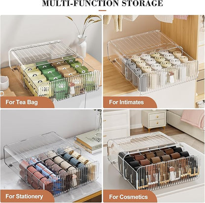 Sock Underwear Drawer Organizer - 24 Compartment Clear Acrylic Storage Bins with Removable Dividers for Closet, Stackable Dresser Drawer Box for No-Mess Socks, Tiers, Baby Clothes, Belt, Tea Bag