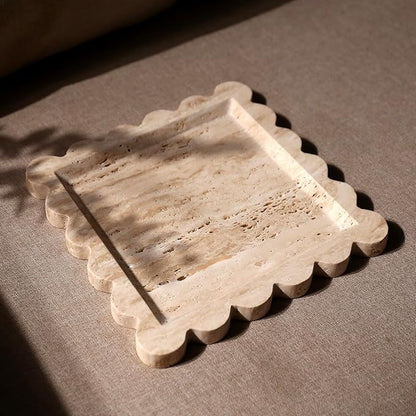 Natural 100% Travertine Vanity Tray Luxury Scalloped Marble Tray, Italian Travertine Tray for Home Decor Bathroom Kitchen Candle Key (Square-9.8 * 9.8-Beige Travertine)