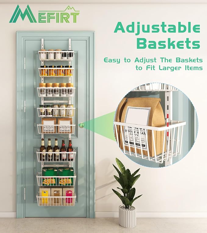 Mefirt White 12 Inch Wide Narrow Over The Door Pantry Organizer, Pantry Organization and Storage, 8-Tier Metal Hanging Deep Basket Wall Spice Rack Seasoning Shelves, Home & Kitchen Essentials