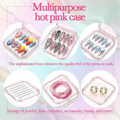 12 Pcs Press On Nail Containers 3x3in Pink Plastic Nail Tips Holder,Organizer Box with 30 Adhesive Glue Tabs for Fake Nail Display,Nail Storage Case for Salon Business & Home Use