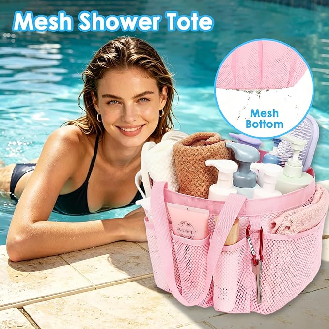 Fammart Mesh Shower Caddy Portable for College Dorm Room Essentials, Odorless Polyester Large Shower Tote Bag with Dual Handles, 8-Pocket Quick-Dry Toiletry Organizer for Travel, Beach, Camping, Gym