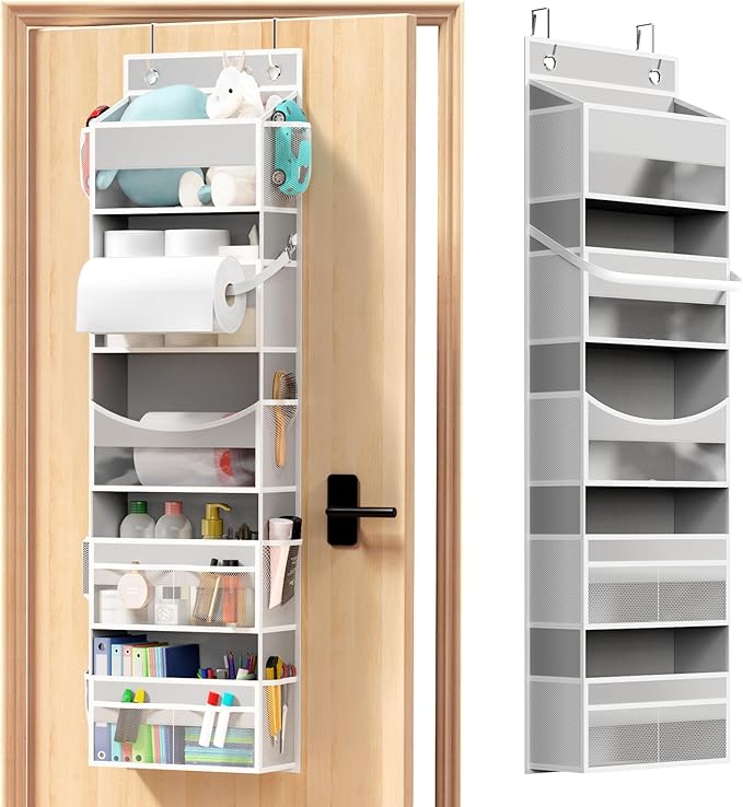Over the Door Organizer - Behind the Door Storage with Rope for Toilet Paper Storage - Door Organizer Hanging with 5 Spacious Pockets & 14 Mesh Pockets (5 Tier-Grey)