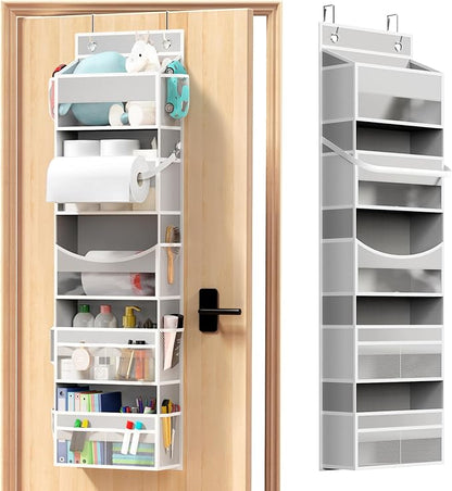 Over the Door Organizer - Behind the Door Storage with Rope for Toilet Paper Storage - Door Organizer Hanging with 5 Spacious Pockets & 14 Mesh Pockets (5 Tier-Grey)