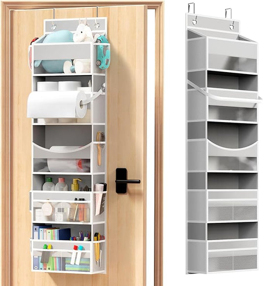 Over the Door Organizer - Behind the Door Storage with Rope for Toilet Paper Storage - Door Organizer Hanging with 5 Spacious Pockets & 14 Mesh Pockets (5 Tier-Grey)