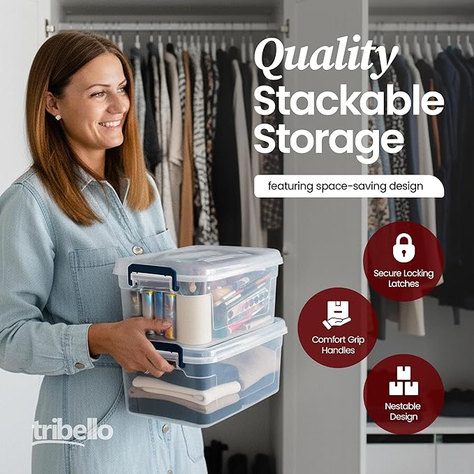 Tribello Plastic Storage Bins with Lids, Clear Stackable Storage Containers - 9.5 Qt - 2 Pack