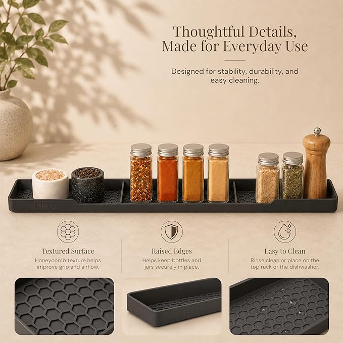TEO Magnetic Stove Top Shelf - 30 Inch Silicone Over the Stove Spice Rack for Kitchen Gadgets Storage Organization, Heat-Resistant, No Installation, Dishwasher Safe, Over Oven Shelf Black