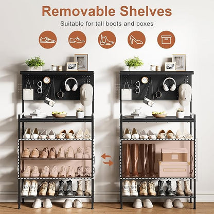 Tall Shoe Rack, 6-Tier Wooden Shoe Storage with Hole Panel, 7 Hooks, for 16-20 Pairs, Wooden Top Shelf, Sturdy, Industrial, Entryway Organizer, Closet Hallway Bedroom Dorm, Black