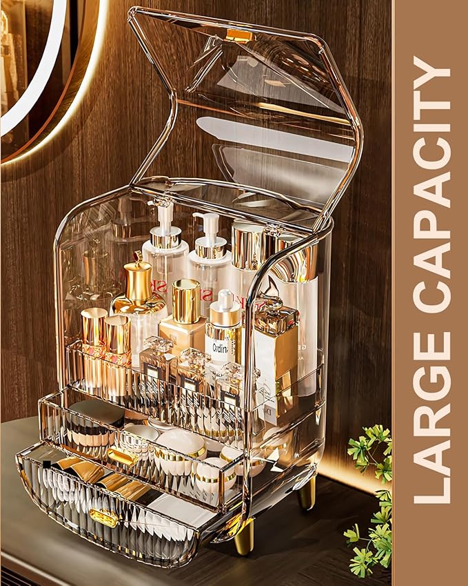 Makeup Organizer, Large Capacity Cosmetics Makeup Organizer for Vanity, Dustproof Waterproof Cosmetics Display Case with Drawers for Skincare, Lipstick, Brushes and Jewelry (Clear)