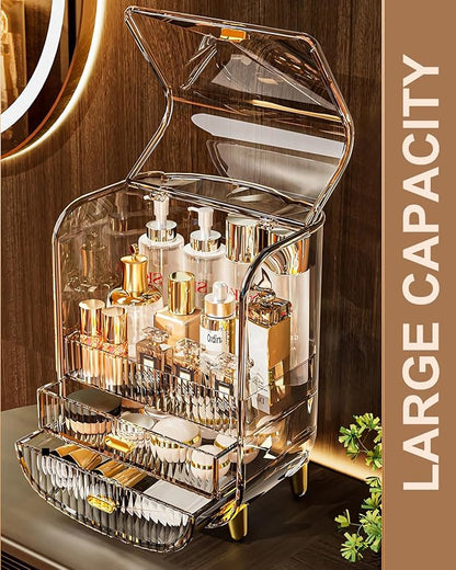 Makeup Organizer, Large Capacity Cosmetics Makeup Organizer for Vanity, Dustproof Waterproof Cosmetics Display Case with Drawers for Skincare, Lipstick, Brushes and Jewelry (Hermes Orange)