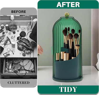 Makeup Brush Holder with Lid Cosmetic Tools Organizer 360 Rotating Waterproof Dustproof Make Up Brushes Storage for Vanity Bathroom Countertop