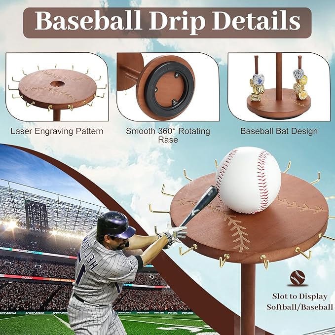 Baseball Necklace Holder,Baseball and Softball Jewelry Organizer,Wooden Ring Holder Display with Baseball Drip,360° Rotating Championship Ring Display.Baseball & Softball Gift for Players Fans.