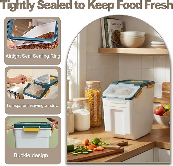 RUIAN 2Pcs Large Flour Storage Container Bin 50Lb Airtight Rice Storage Containers with Wheels Seal Locking Lid, BPA Free with Measuring Cup&Scoop for Flour, Rice, Grain 100LBS Total (Blue)