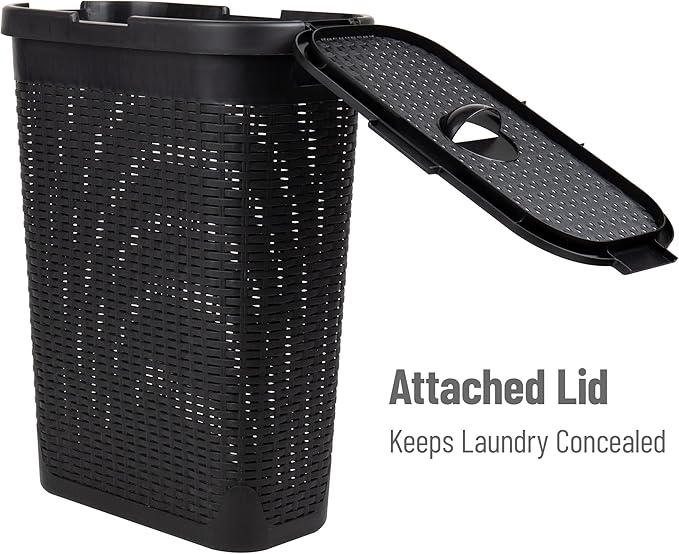 Mind Reader Slim Laundry Hamper with Lid, 40L Clothes Basket, Narrow Tapered Design with Ventilated Cutout Pattern, Plastic, Black
