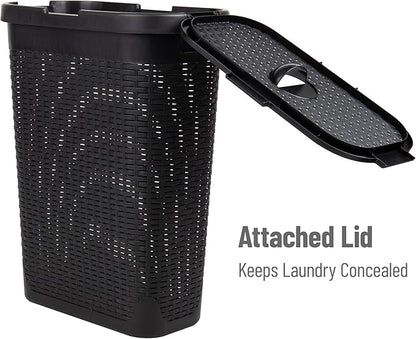 Mind Reader Slim Laundry Hamper with Lid, 40L Clothes Basket, Narrow Tapered Design with Ventilated Cutout Pattern, Plastic, Black