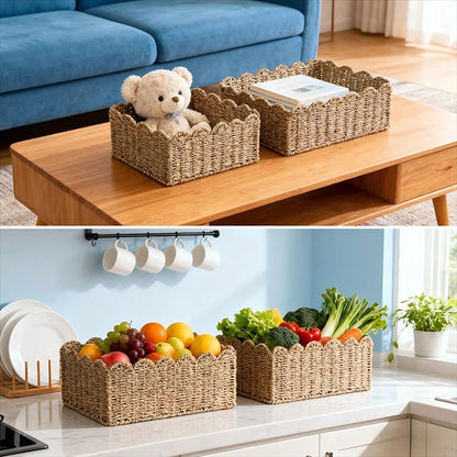 Scalloped Basket, Wicker Storage Baskets, Hand Woven Baskets for Shelves,Natural Baskets for Organizing (Seagrass&M-14" L x 10.5" W x 6" H)