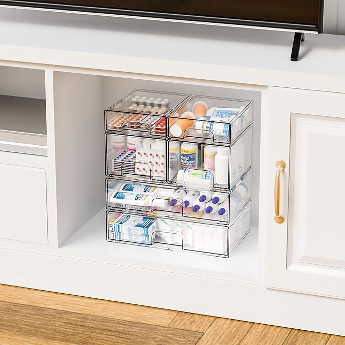 Yieach Clear Stackable Storage Drawers - Set of 6 - Acrylic Drawers,Bathroom Organizer Bin and Plastic Makeup Organizer,Clear Stacking Brightroom Storage Boxes for Vanity,Cabinet,Pantry Organization